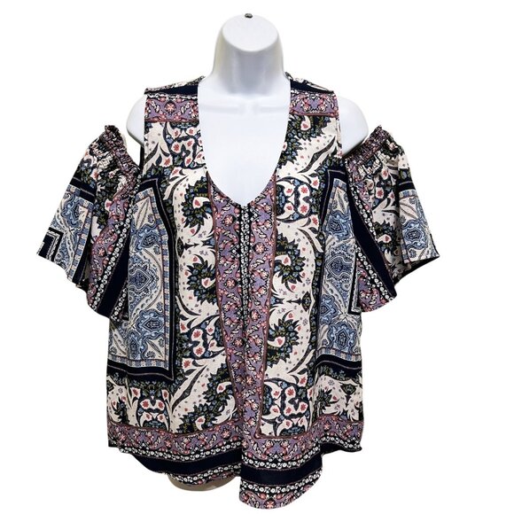 Luxology Cold Shoulder Bohemian Pattern High Low Blouse Size L Hippy Girl - Picture 1 of 5